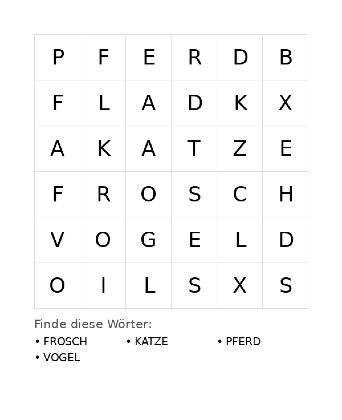 Wortsuchrätsel Wortsuchrätsel: Tiere für Vorschule aus der Kategorie Wortsuchrätsel - kostenlos ausdrucken