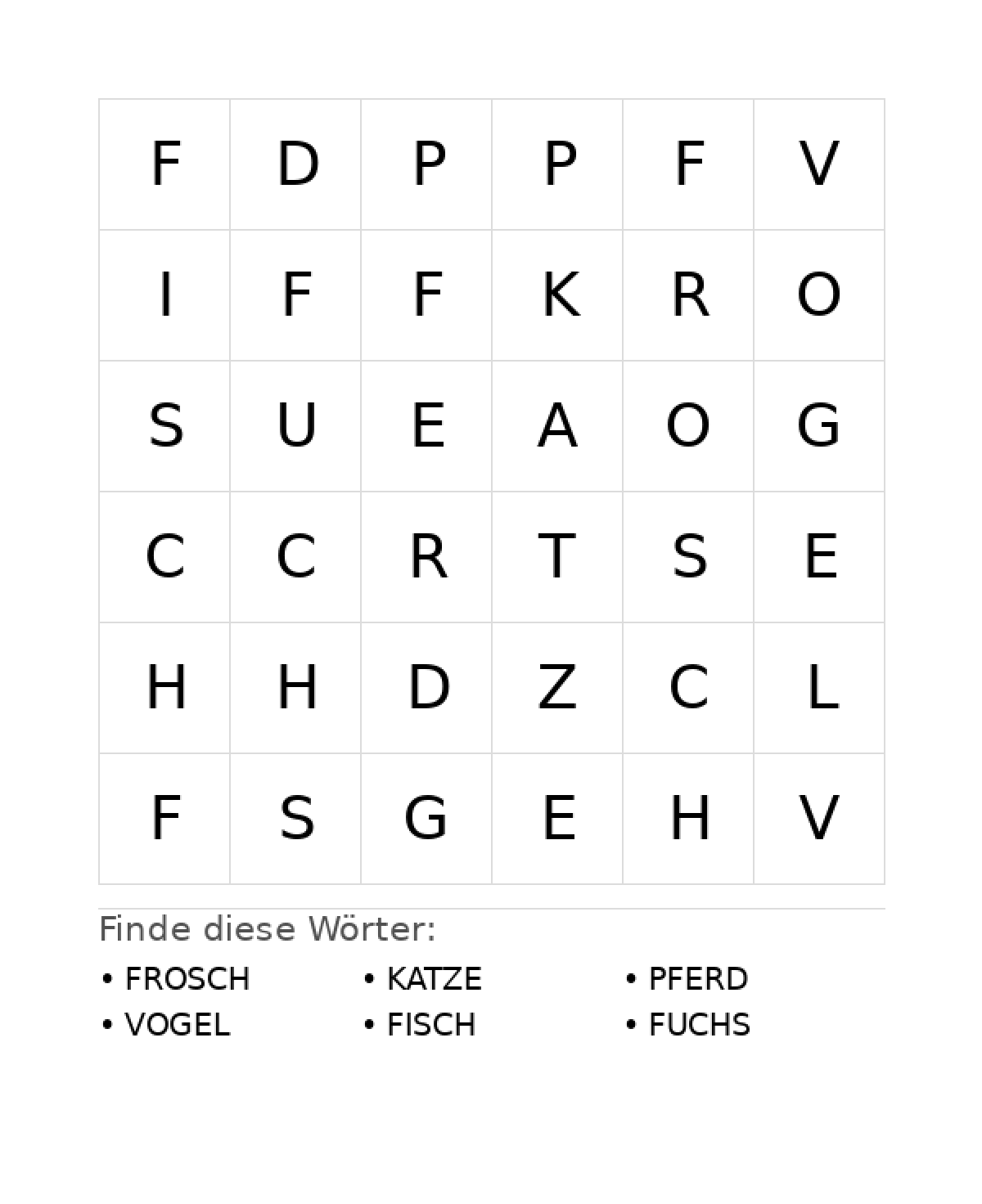 Wortsuchrätsel Wortsuchrätsel: Tiere für Vorschule aus der Kategorie Wortsuchrätsel - kostenlos ausdrucken