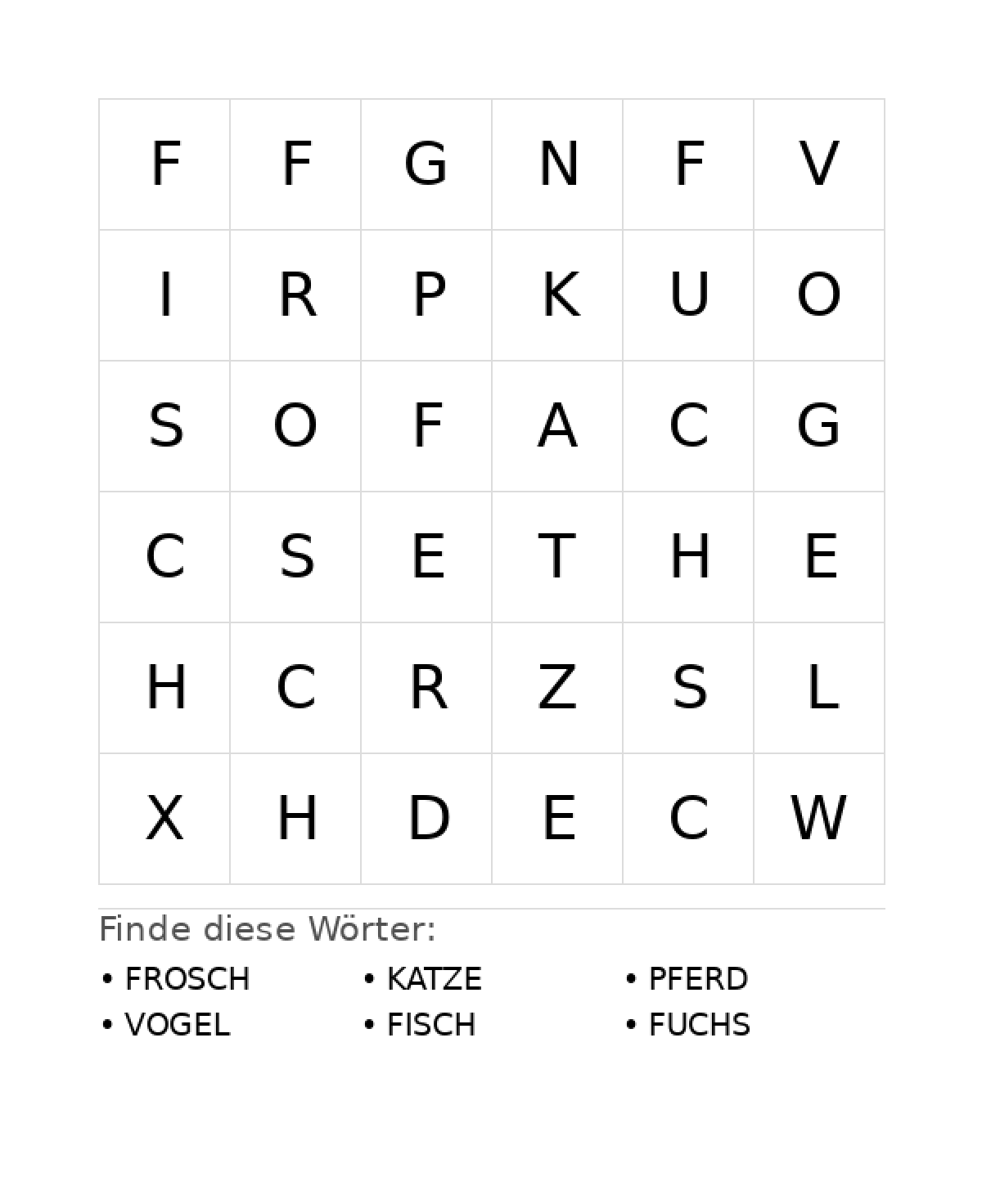 Wortsuchrätsel Wortsuchrätsel: Tiere für Vorschule aus der Kategorie Wortsuchrätsel - kostenlos ausdrucken