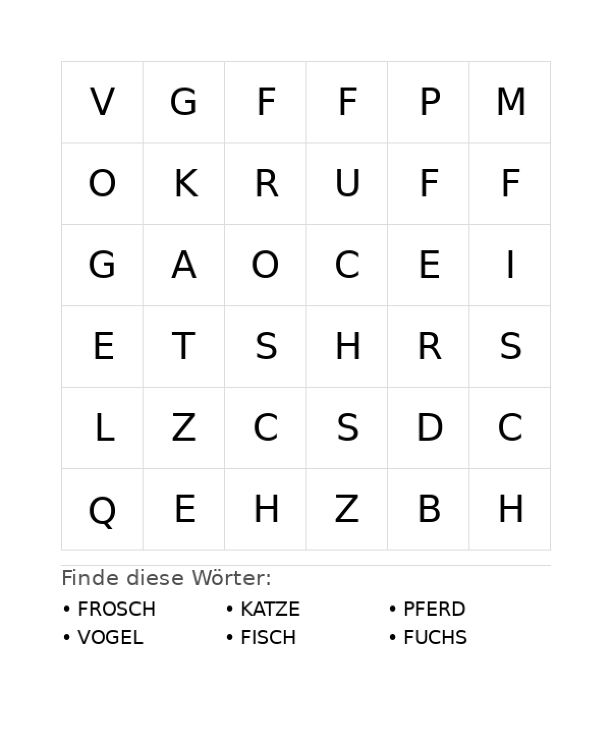 Wortsuchrätsel Wortsuchrätsel: Tiere für Vorschule aus der Kategorie Wortsuchrätsel - kostenlos ausdrucken