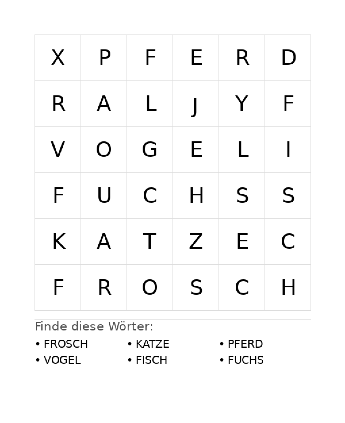 Wortsuchrätsel Wortsuchrätsel: Tiere für Vorschule aus der Kategorie Wortsuchrätsel - kostenlos ausdrucken