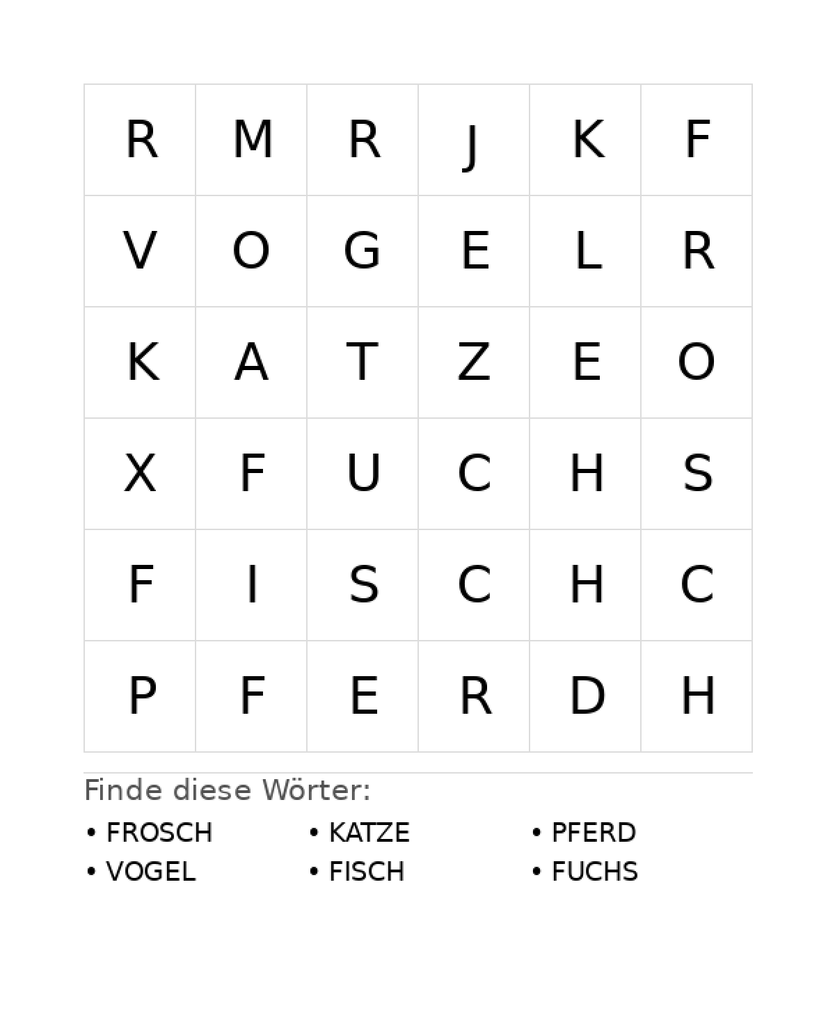 Wortsuchrätsel Wortsuchrätsel: Tiere für Vorschule aus der Kategorie Wortsuchrätsel - kostenlos ausdrucken