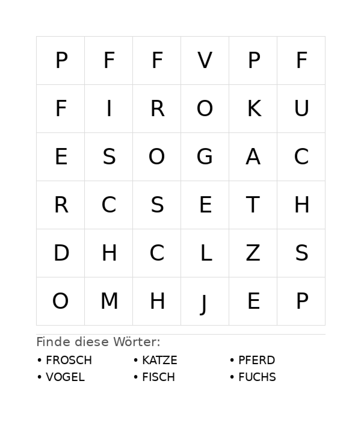 Wortsuchrätsel Wortsuchrätsel: Tiere für Vorschule aus der Kategorie Wortsuchrätsel - kostenlos ausdrucken