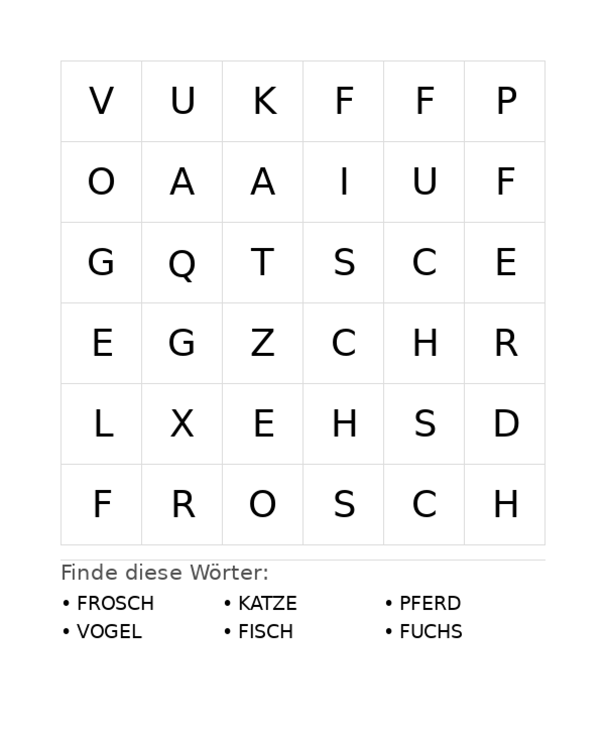 Wortsuchrätsel Wortsuchrätsel: Tiere für Vorschule aus der Kategorie Wortsuchrätsel - kostenlos ausdrucken