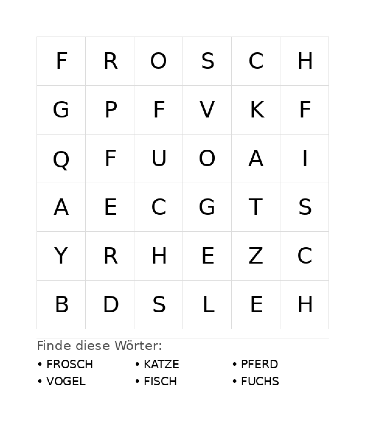 Wortsuchrätsel Wortsuchrätsel: Tiere für Vorschule aus der Kategorie Wortsuchrätsel - kostenlos ausdrucken