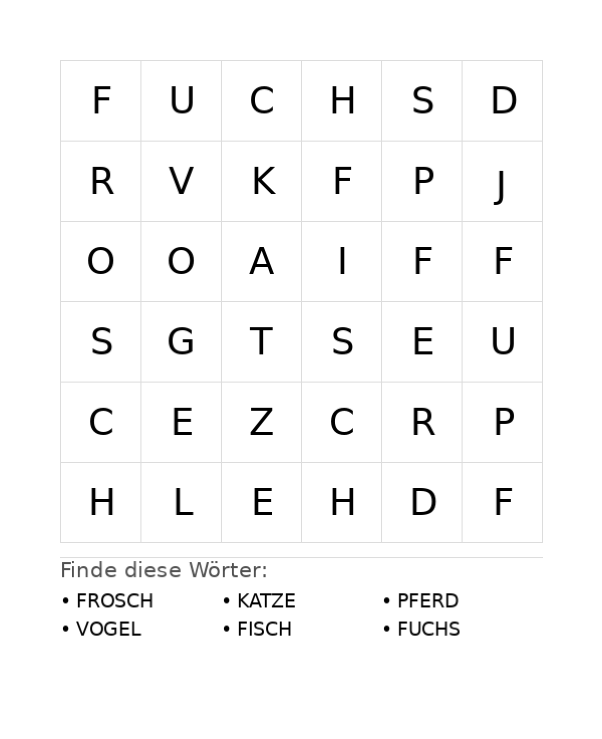 Wortsuchrätsel Wortsuchrätsel: Tiere für Vorschule aus der Kategorie Wortsuchrätsel - kostenlos ausdrucken