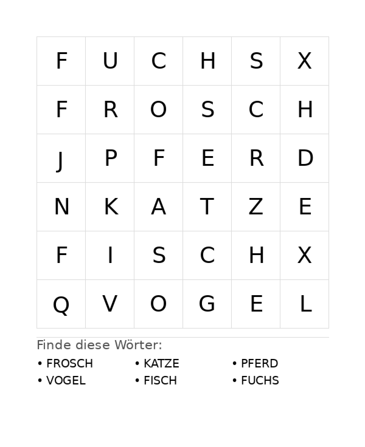 Wortsuchrätsel Wortsuchrätsel: Tiere für Vorschule aus der Kategorie Wortsuchrätsel - kostenlos ausdrucken
