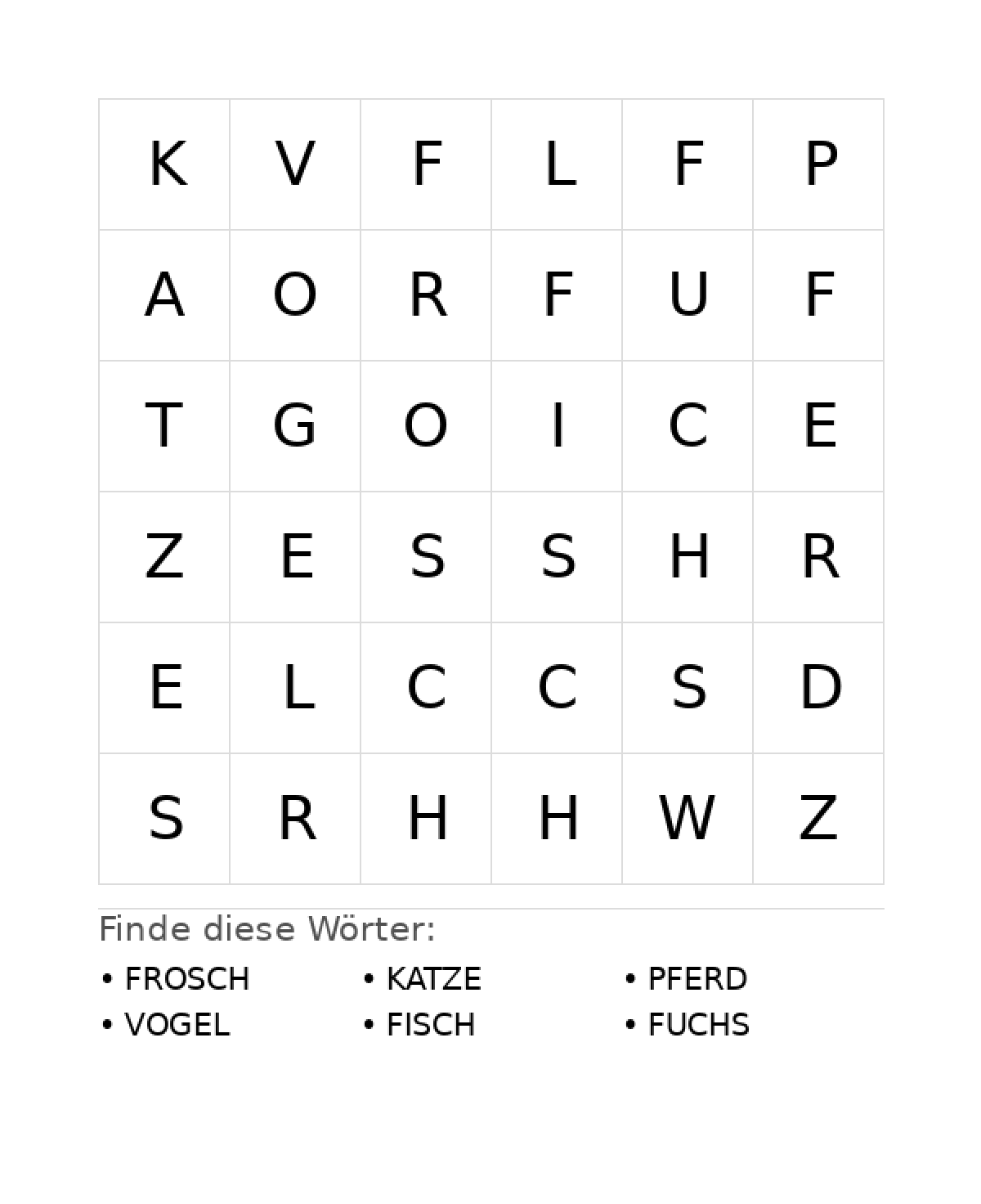 Wortsuchrätsel Wortsuchrätsel: Tiere für Vorschule aus der Kategorie Wortsuchrätsel - kostenlos ausdrucken