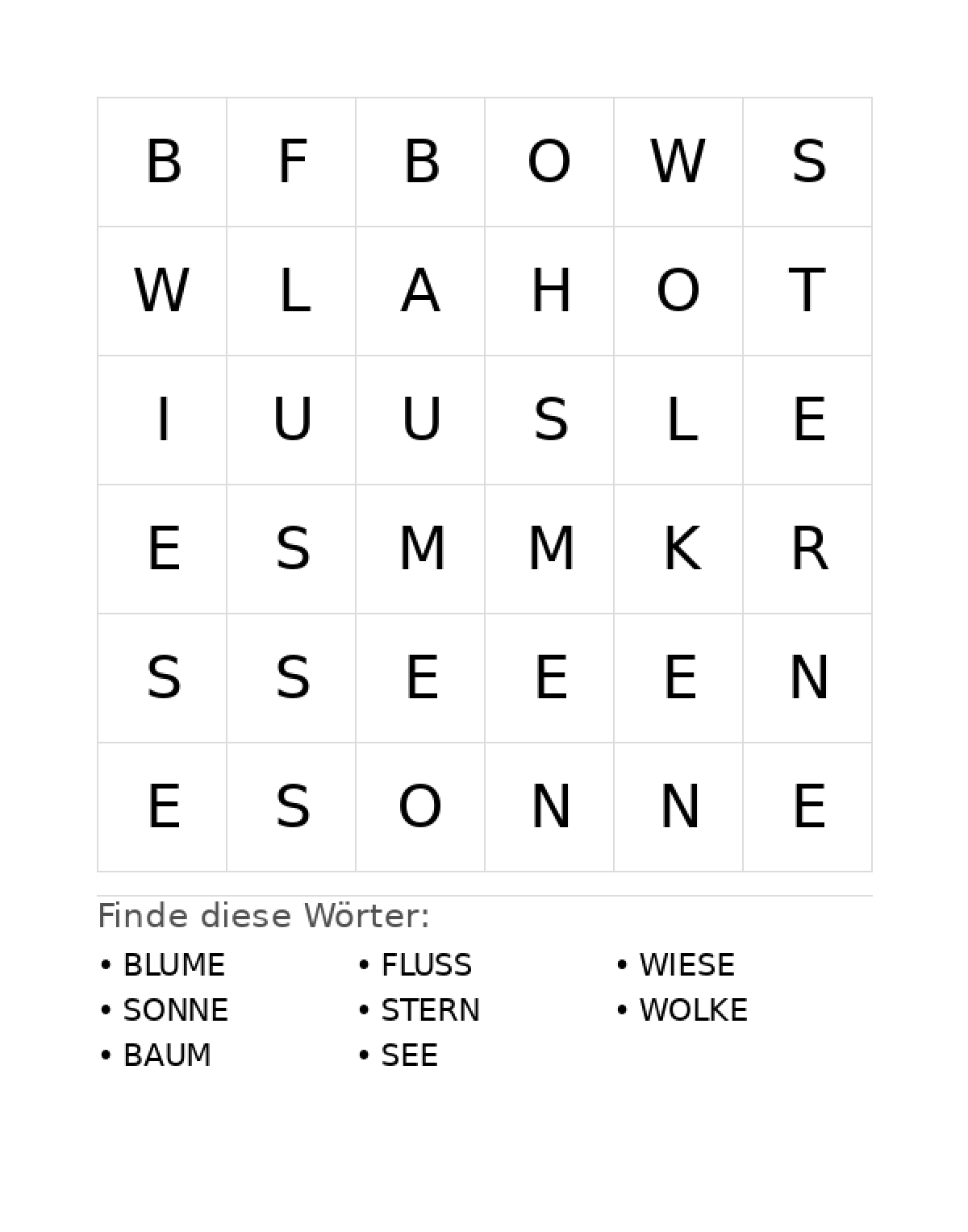 Wortsuchrätsel Wortsuchrätsel: Natur für Vorschule aus der Kategorie Wortsuchrätsel - kostenlos ausdrucken