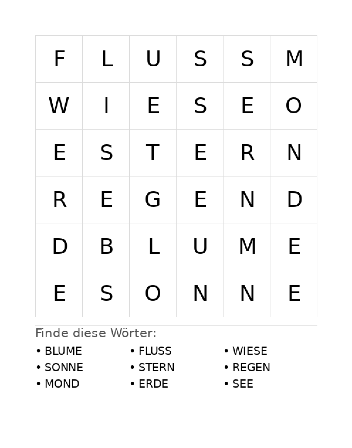 Wortsuchrätsel Wortsuchrätsel: Natur für Vorschule aus der Kategorie Wortsuchrätsel - kostenlos ausdrucken