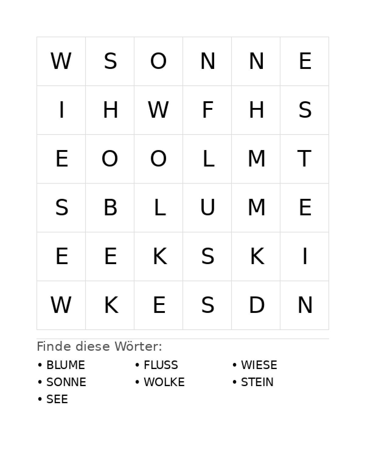 Wortsuchrätsel Wortsuchrätsel: Natur für Vorschule aus der Kategorie Wortsuchrätsel - kostenlos ausdrucken