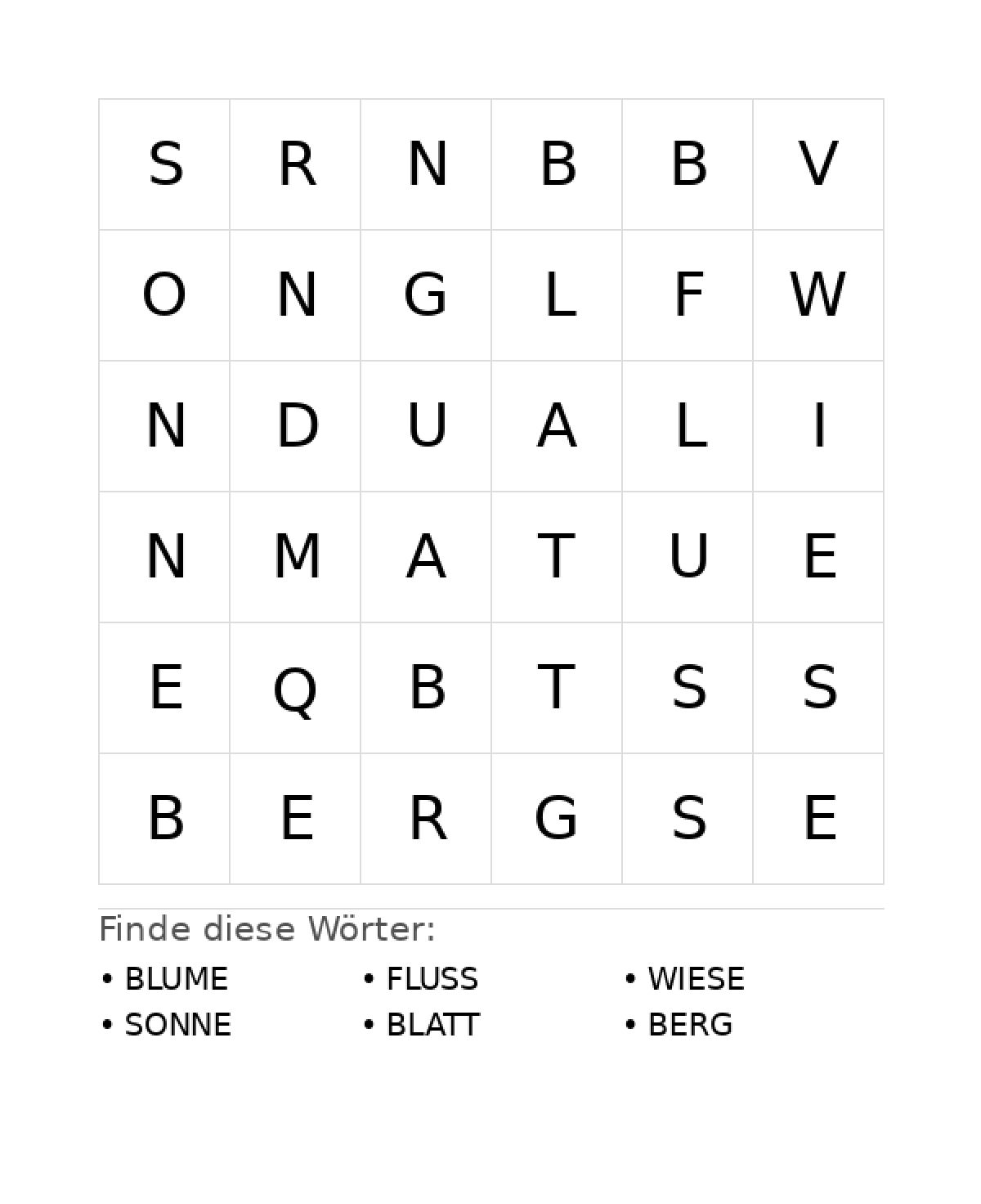 Wortsuchrätsel Wortsuchrätsel: Natur für Vorschule aus der Kategorie Wortsuchrätsel - kostenlos ausdrucken