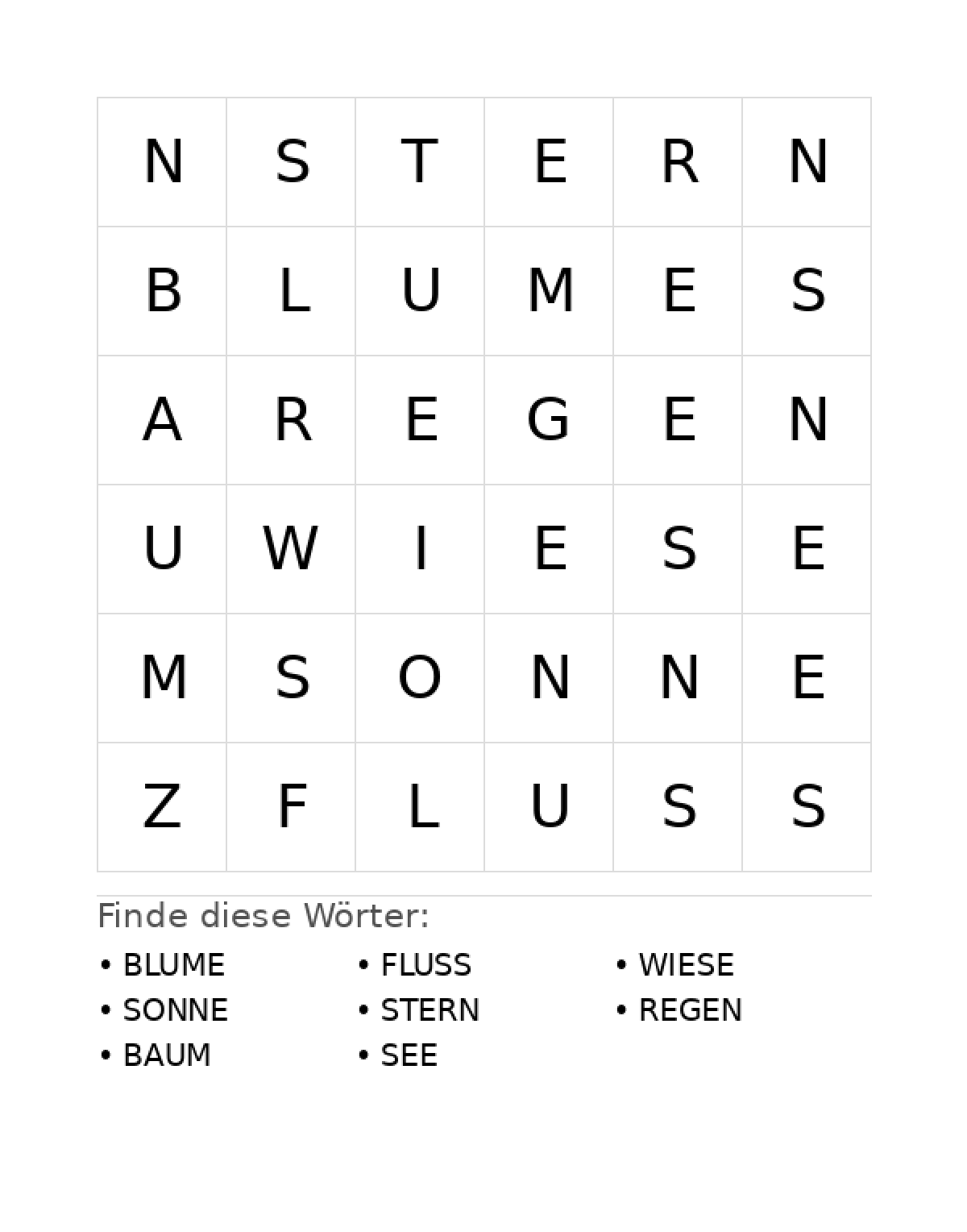 Wortsuchrätsel Wortsuchrätsel: Natur für Vorschule aus der Kategorie Wortsuchrätsel - kostenlos ausdrucken