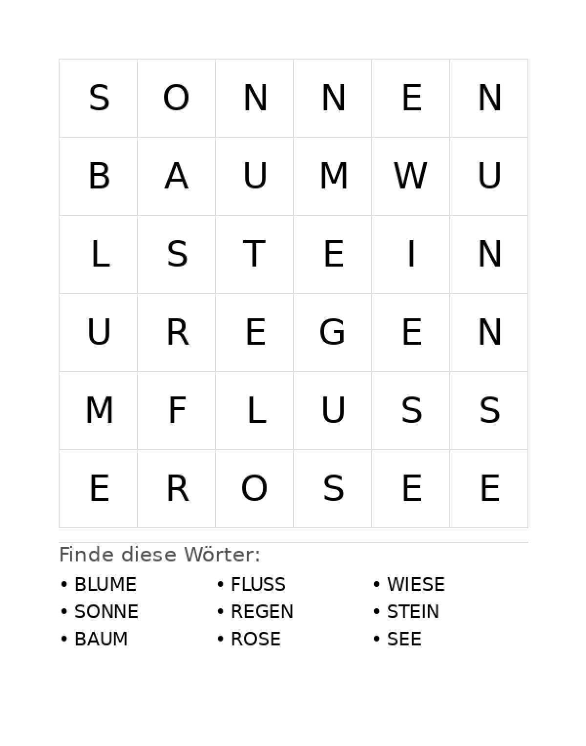 Wortsuchrätsel Wortsuchrätsel: Natur für Vorschule aus der Kategorie Wortsuchrätsel - kostenlos ausdrucken