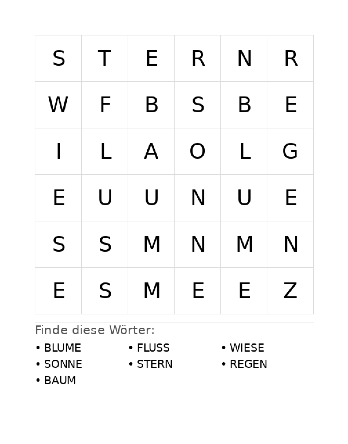 Wortsuchrätsel Wortsuchrätsel: Natur für Vorschule aus der Kategorie Wortsuchrätsel - kostenlos ausdrucken