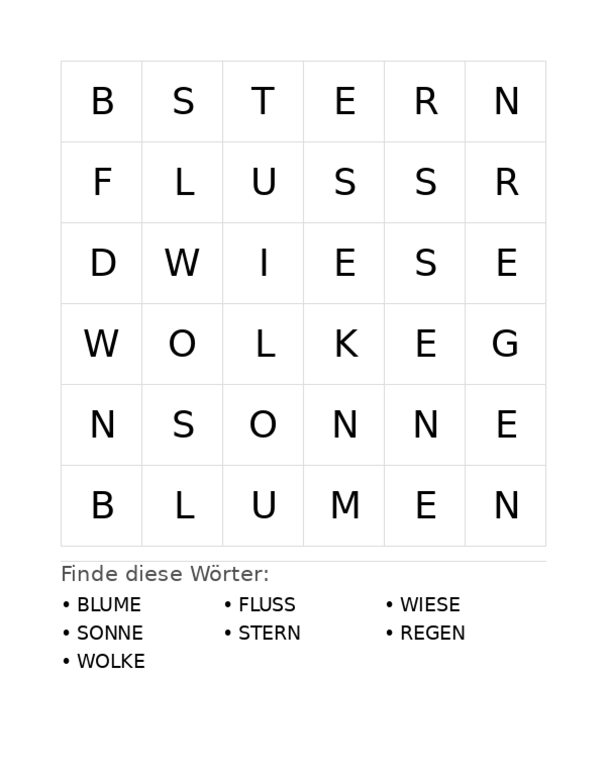 Wortsuchrätsel Wortsuchrätsel: Natur für Vorschule aus der Kategorie Wortsuchrätsel - kostenlos ausdrucken