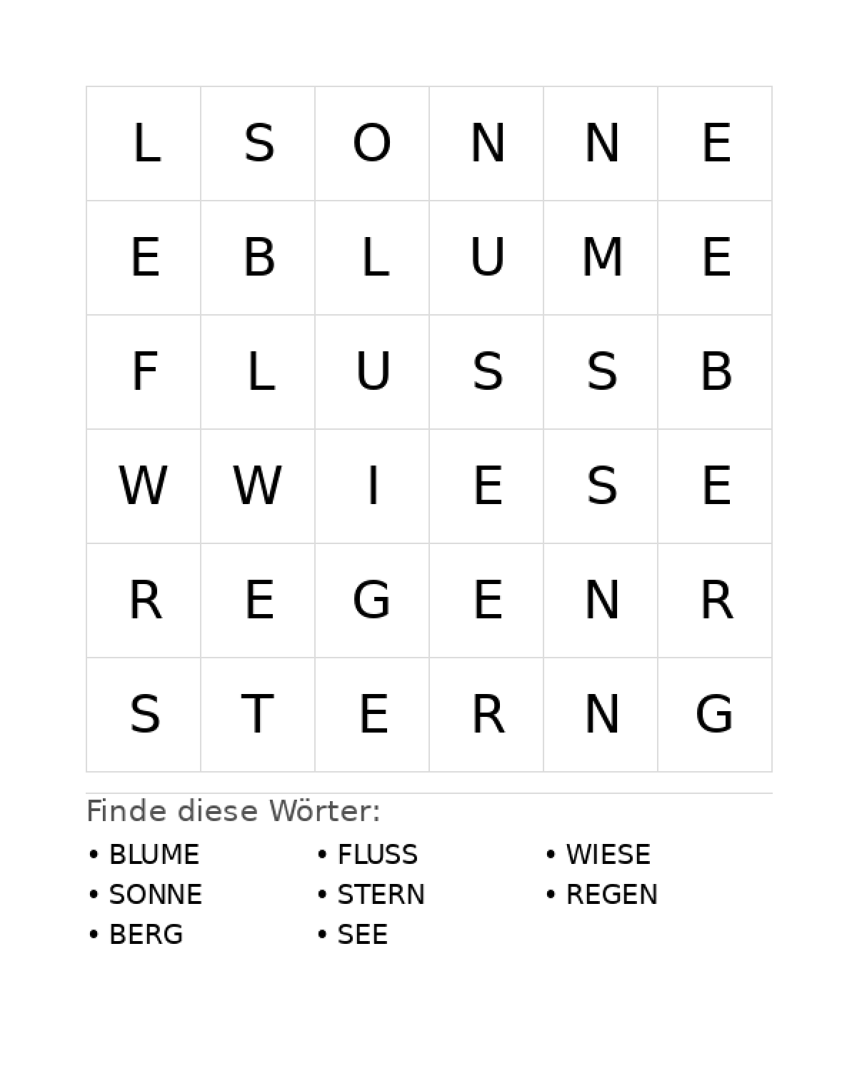 Wortsuchrätsel Wortsuchrätsel: Natur für Vorschule aus der Kategorie Wortsuchrätsel - kostenlos ausdrucken