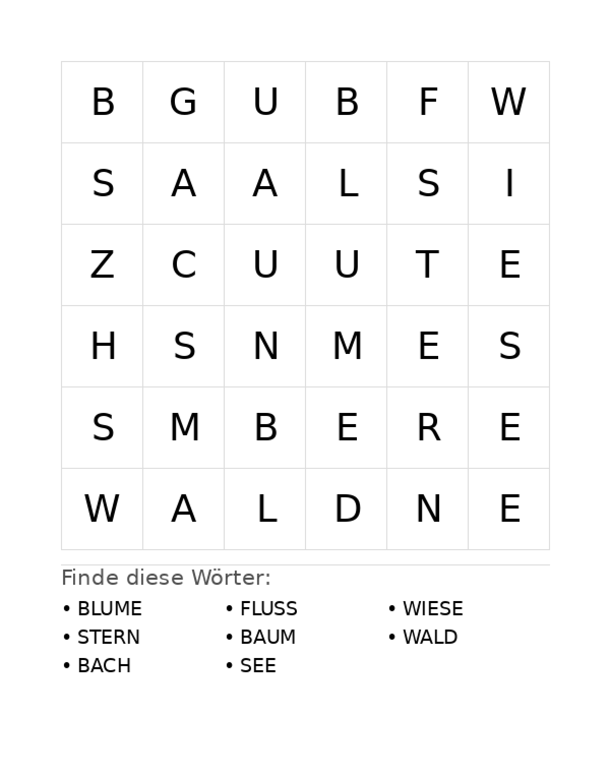 Wortsuchrätsel Wortsuchrätsel: Natur für Vorschule aus der Kategorie Wortsuchrätsel - kostenlos ausdrucken