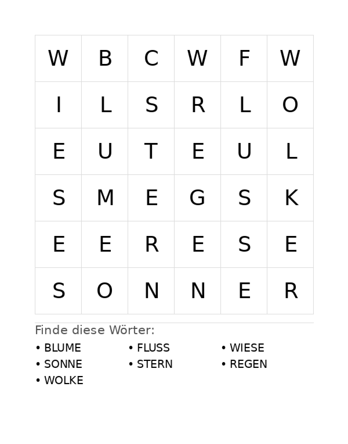 Wortsuchrätsel Wortsuchrätsel: Natur für Vorschule aus der Kategorie Wortsuchrätsel - kostenlos ausdrucken