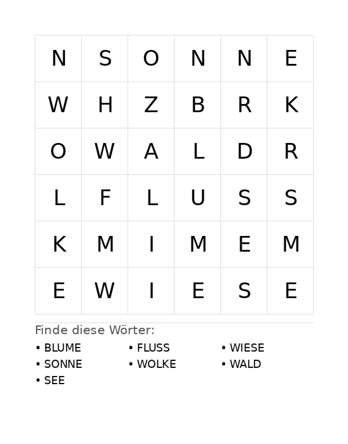 Wortsuchrätsel Wortsuchrätsel: Natur für Vorschule aus der Kategorie Wortsuchrätsel - kostenlos ausdrucken