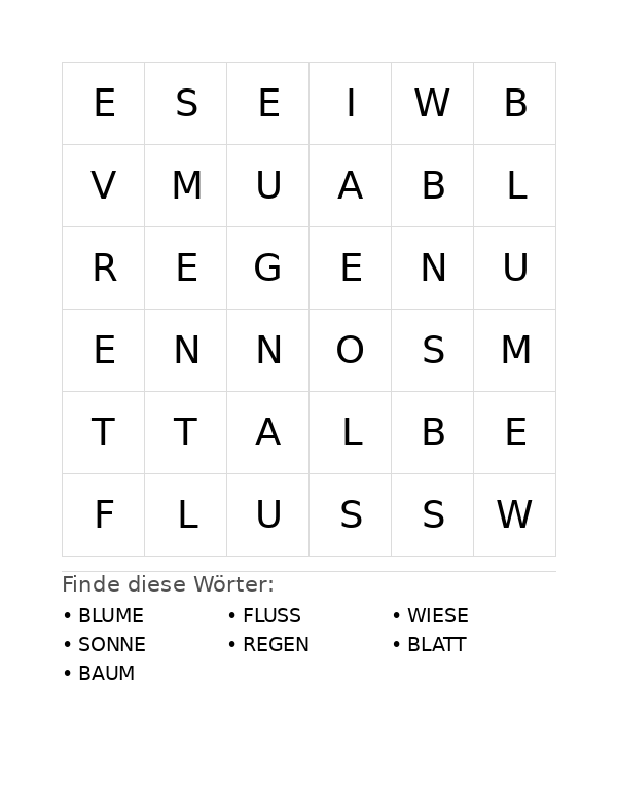 Wortsuchrätsel Wortsuchrätsel: Natur für Vorschule aus der Kategorie Wortsuchrätsel - kostenlos ausdrucken