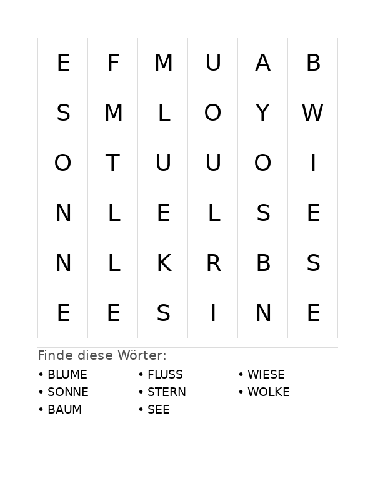 Wortsuchrätsel Wortsuchrätsel: Natur für Vorschule aus der Kategorie Wortsuchrätsel - kostenlos ausdrucken