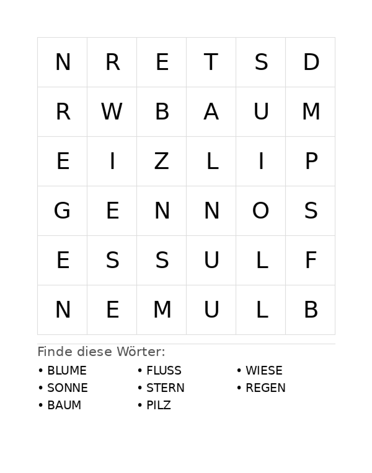 Wortsuchrätsel Wortsuchrätsel: Natur für Vorschule aus der Kategorie Wortsuchrätsel - kostenlos ausdrucken