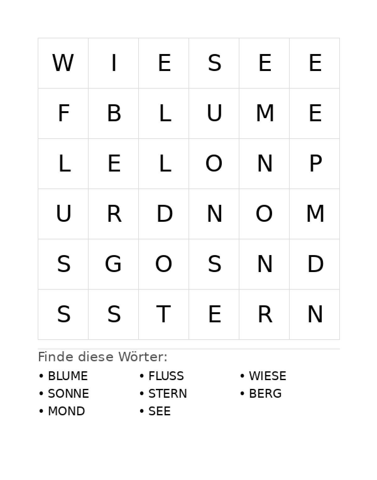 Wortsuchrätsel Wortsuchrätsel: Natur für Vorschule aus der Kategorie Wortsuchrätsel - kostenlos ausdrucken