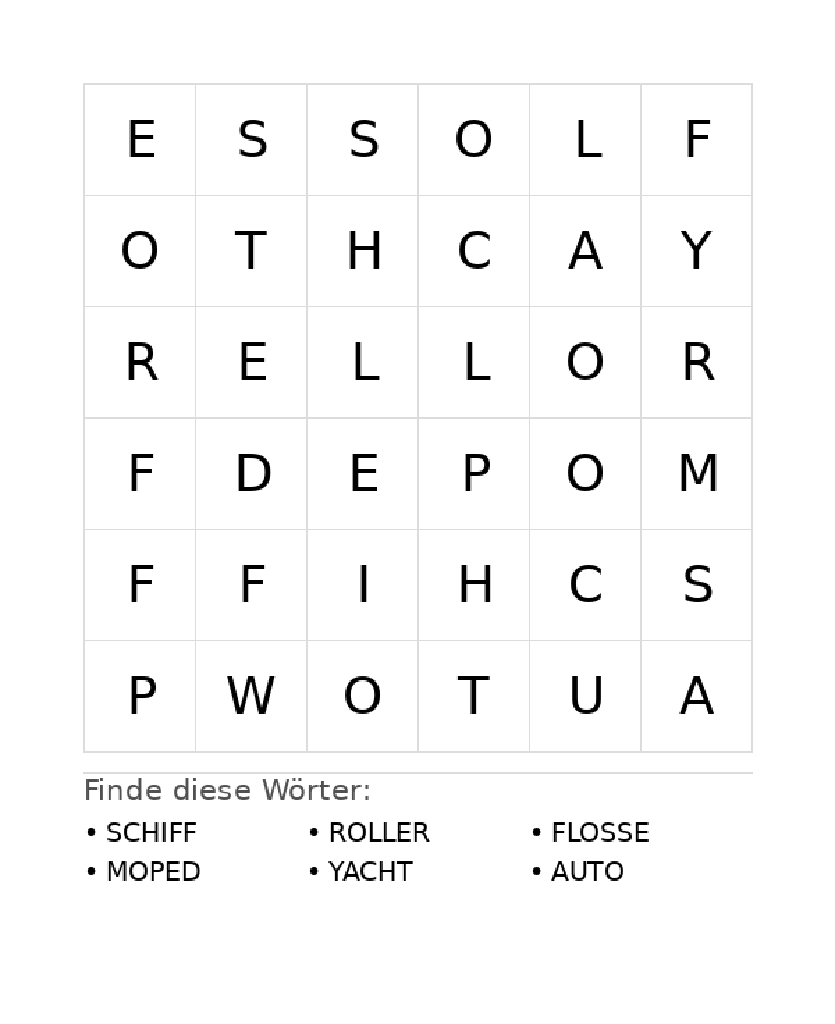 Wortsuchrätsel Wortsuchrätsel: Fahrzeuge für Vorschule aus der Kategorie Wortsuchrätsel - kostenlos ausdrucken