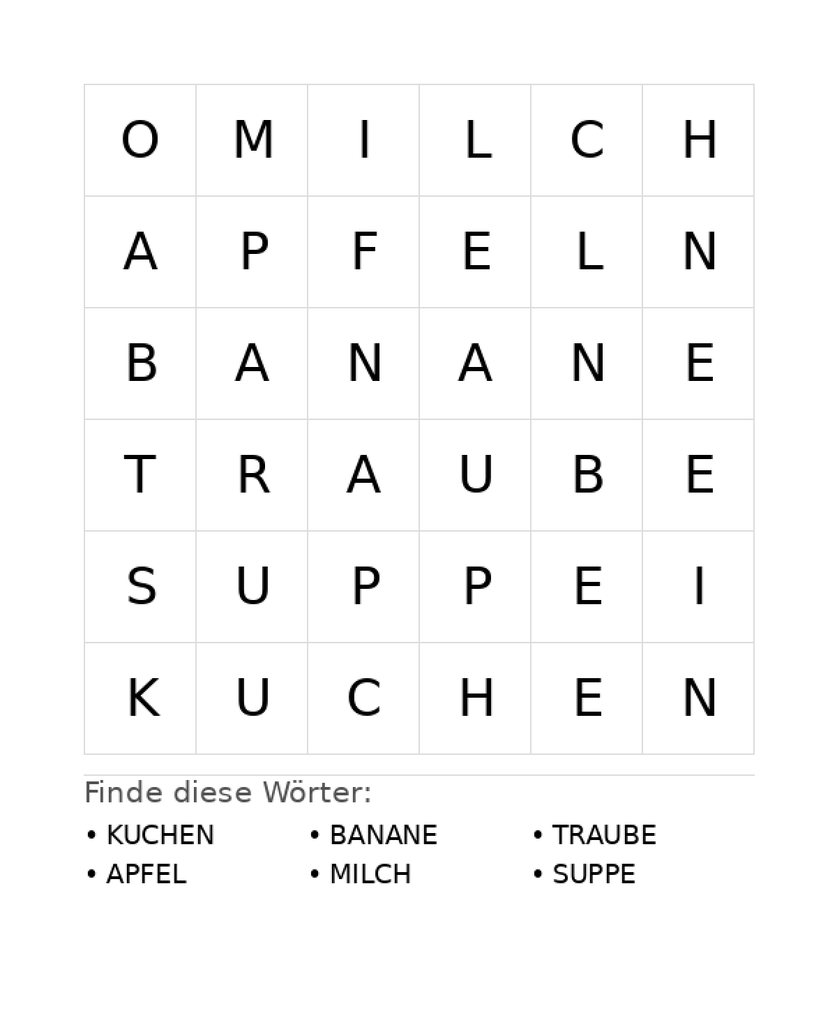 Wortsuchrätsel Wortsuchrätsel: Essen für Vorschule aus der Kategorie Wortsuchrätsel - kostenlos ausdrucken