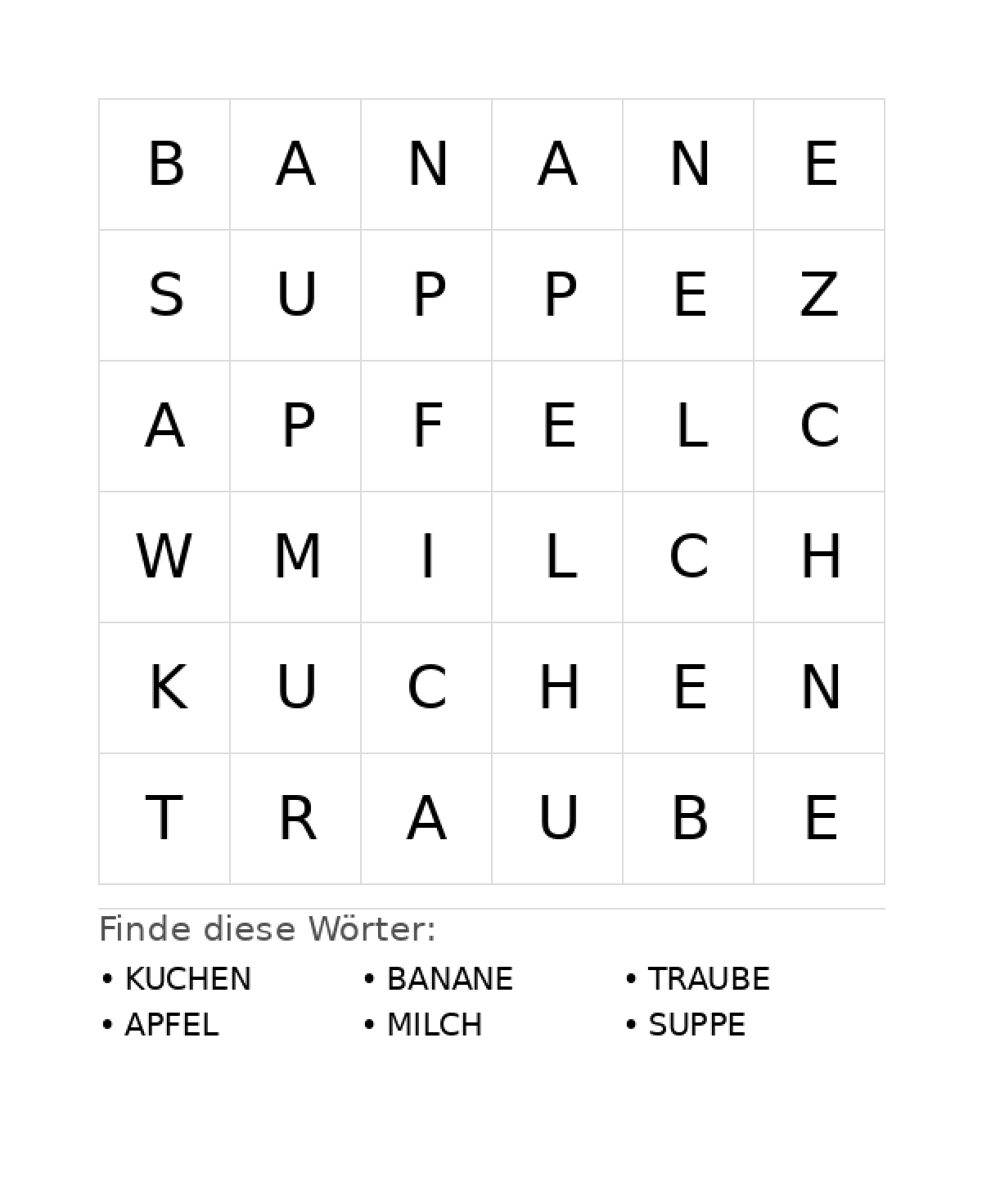 Wortsuchrätsel Wortsuchrätsel: Essen für Vorschule aus der Kategorie Wortsuchrätsel - kostenlos ausdrucken