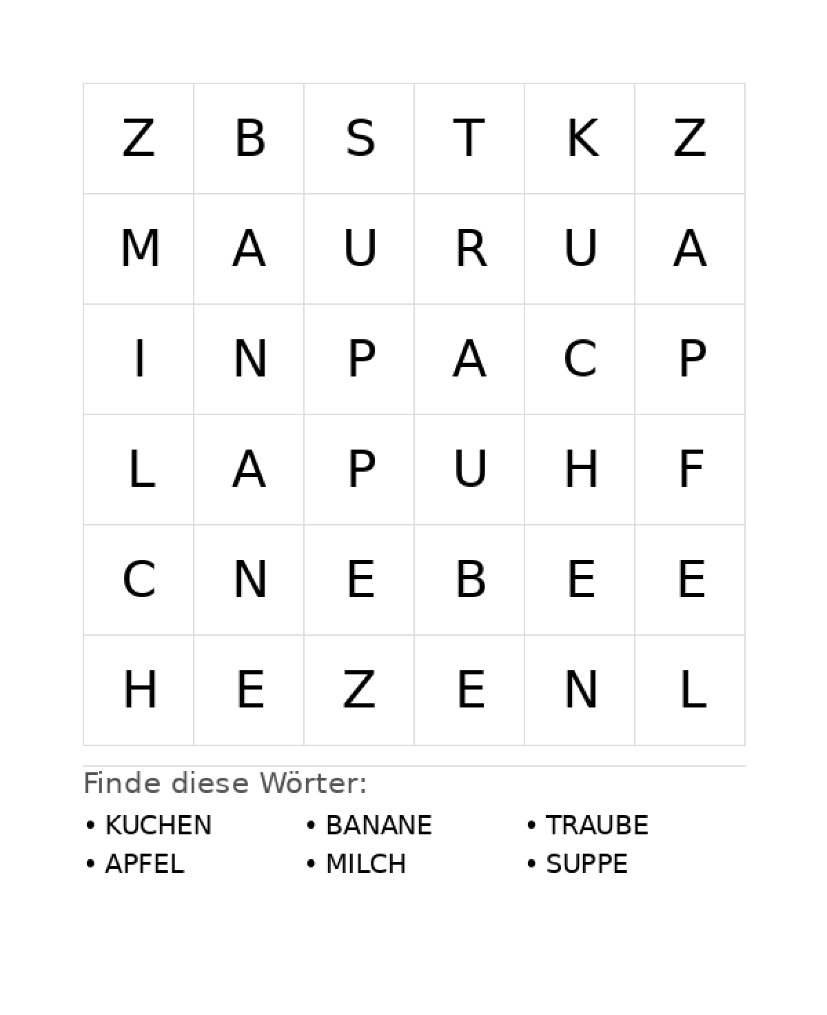 Wortsuchrätsel Wortsuchrätsel: Essen für Vorschule aus der Kategorie Wortsuchrätsel - kostenlos ausdrucken