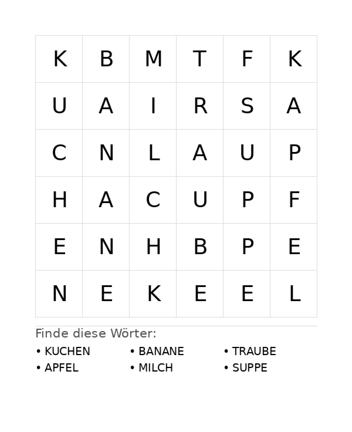 Wortsuchrätsel Wortsuchrätsel: Essen für Vorschule aus der Kategorie Wortsuchrätsel - kostenlos ausdrucken