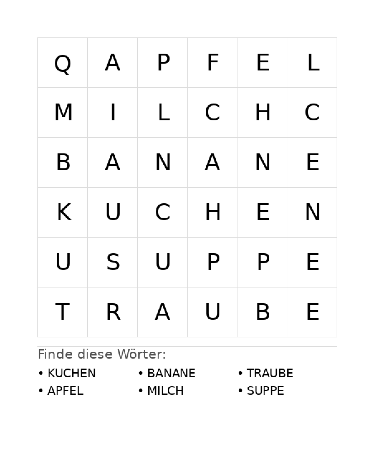 Wortsuchrätsel Wortsuchrätsel: Essen für Vorschule aus der Kategorie Wortsuchrätsel - kostenlos ausdrucken