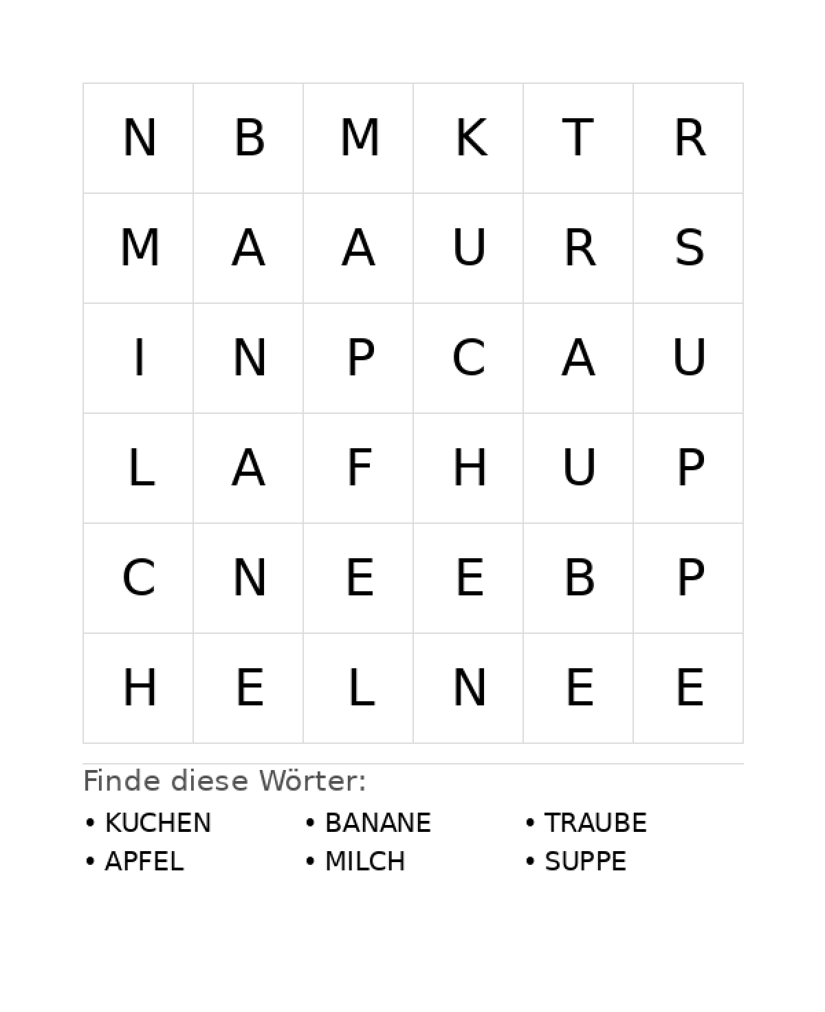Wortsuchrätsel Wortsuchrätsel: Essen für Vorschule aus der Kategorie Wortsuchrätsel - kostenlos ausdrucken