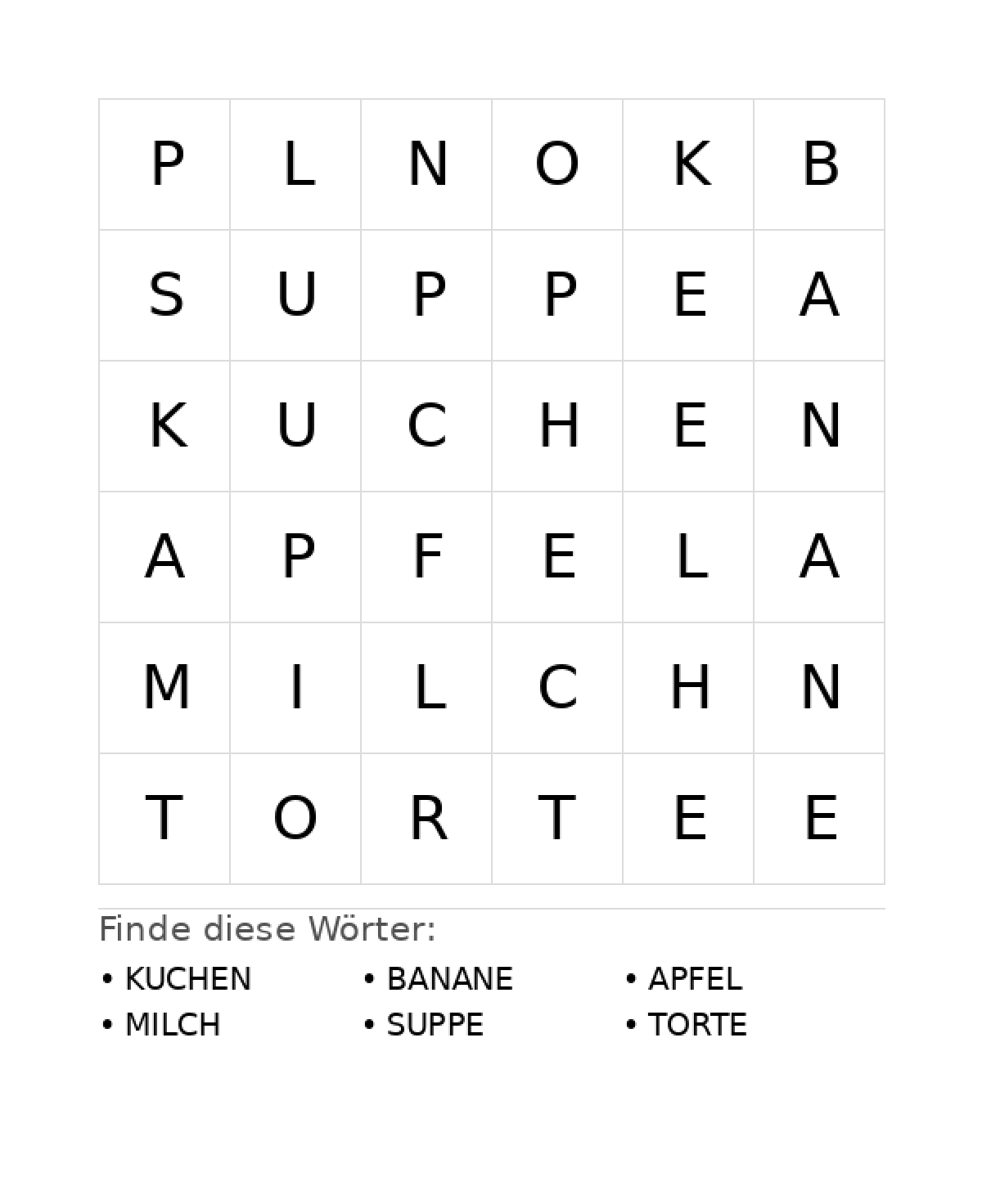 Wortsuchrätsel Wortsuchrätsel: Essen für Vorschule aus der Kategorie Wortsuchrätsel - kostenlos ausdrucken