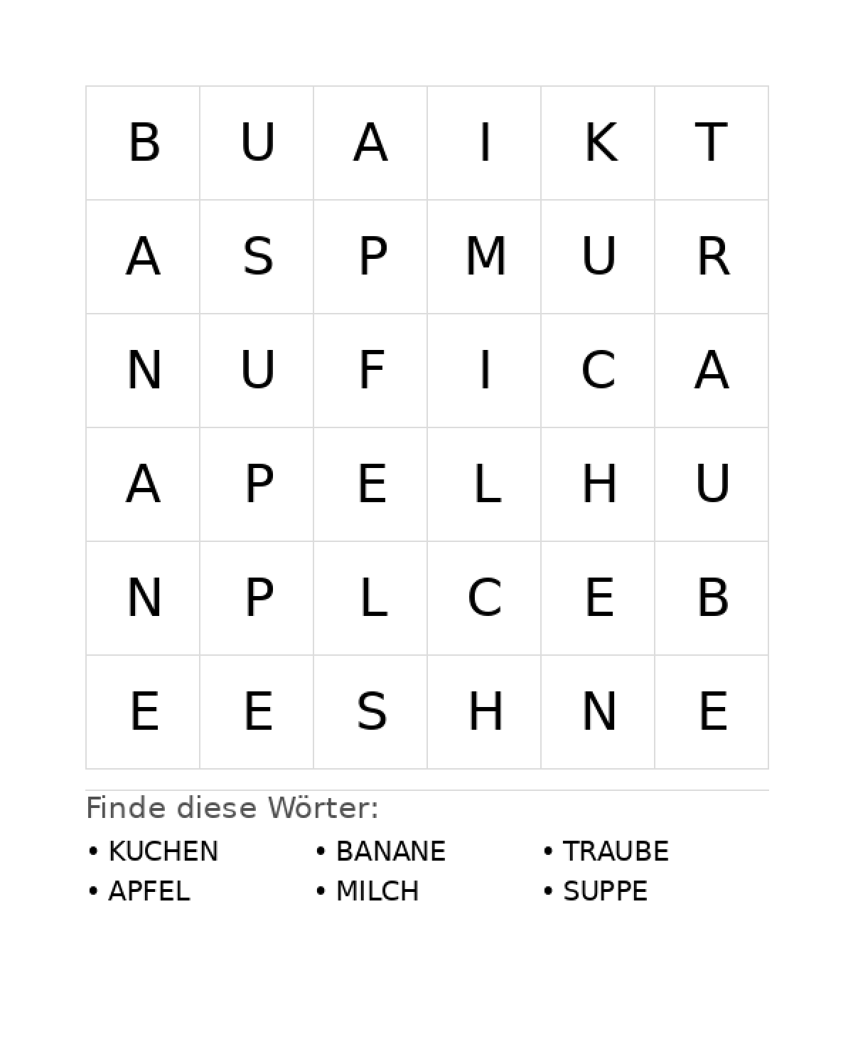 Wortsuchrätsel Wortsuchrätsel: Essen für Vorschule aus der Kategorie Wortsuchrätsel - kostenlos ausdrucken