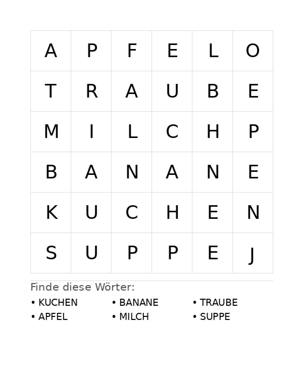 Wortsuchrätsel Wortsuchrätsel: Essen für Vorschule aus der Kategorie Wortsuchrätsel - kostenlos ausdrucken