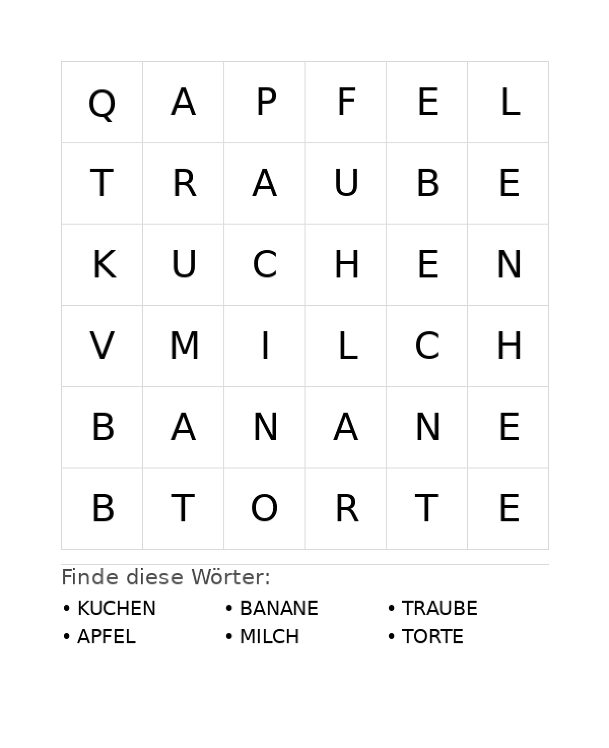 Wortsuchrätsel Wortsuchrätsel: Essen für Vorschule aus der Kategorie Wortsuchrätsel - kostenlos ausdrucken