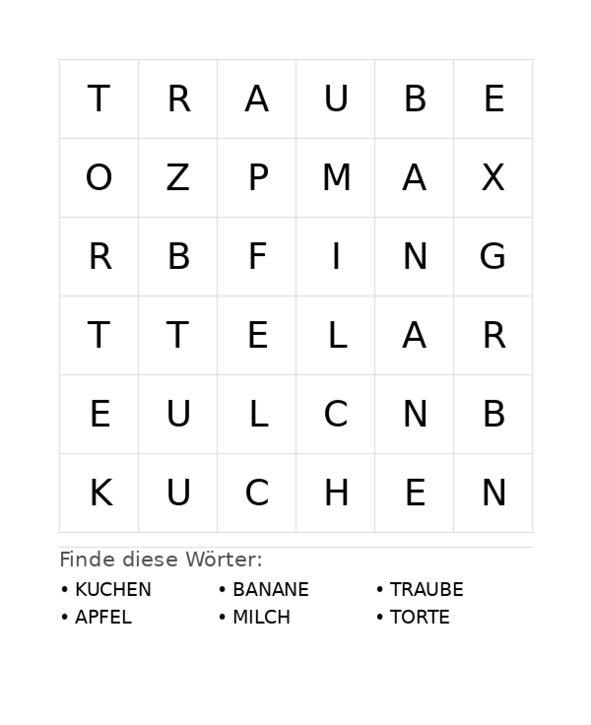 Wortsuchrätsel Wortsuchrätsel: Essen für Vorschule aus der Kategorie Wortsuchrätsel - kostenlos ausdrucken