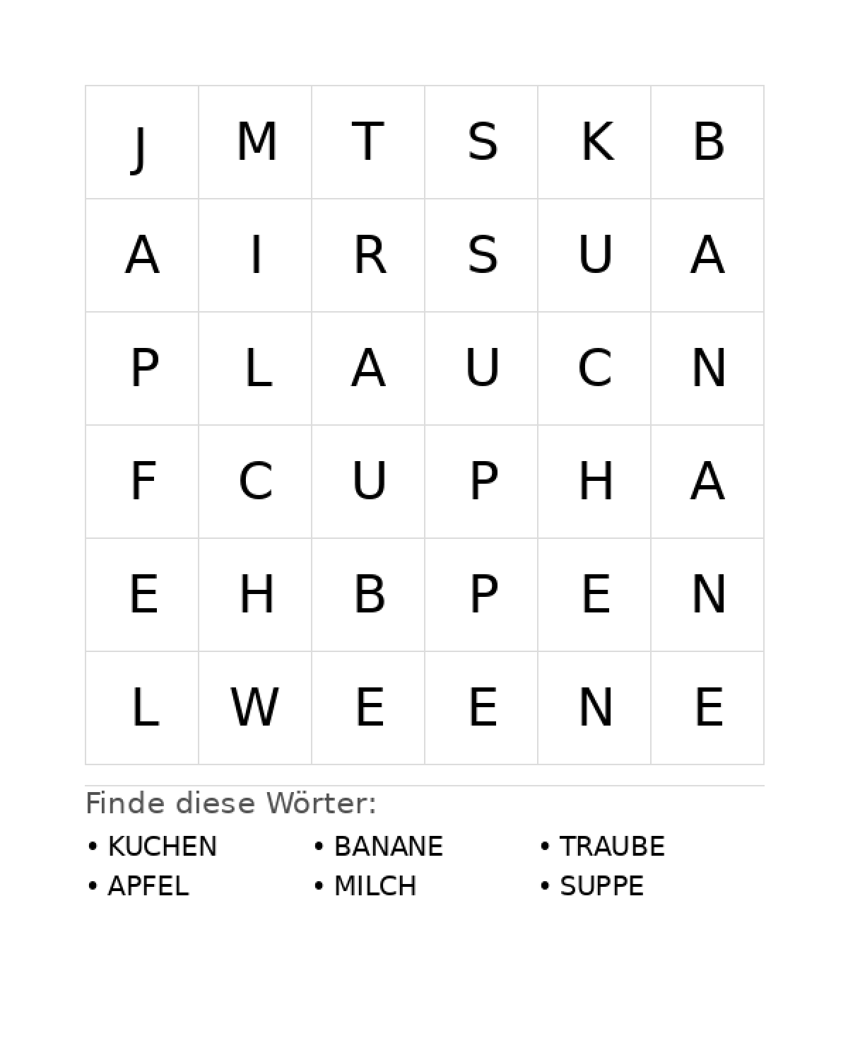 Wortsuchrätsel Wortsuchrätsel: Essen für Vorschule aus der Kategorie Wortsuchrätsel - kostenlos ausdrucken