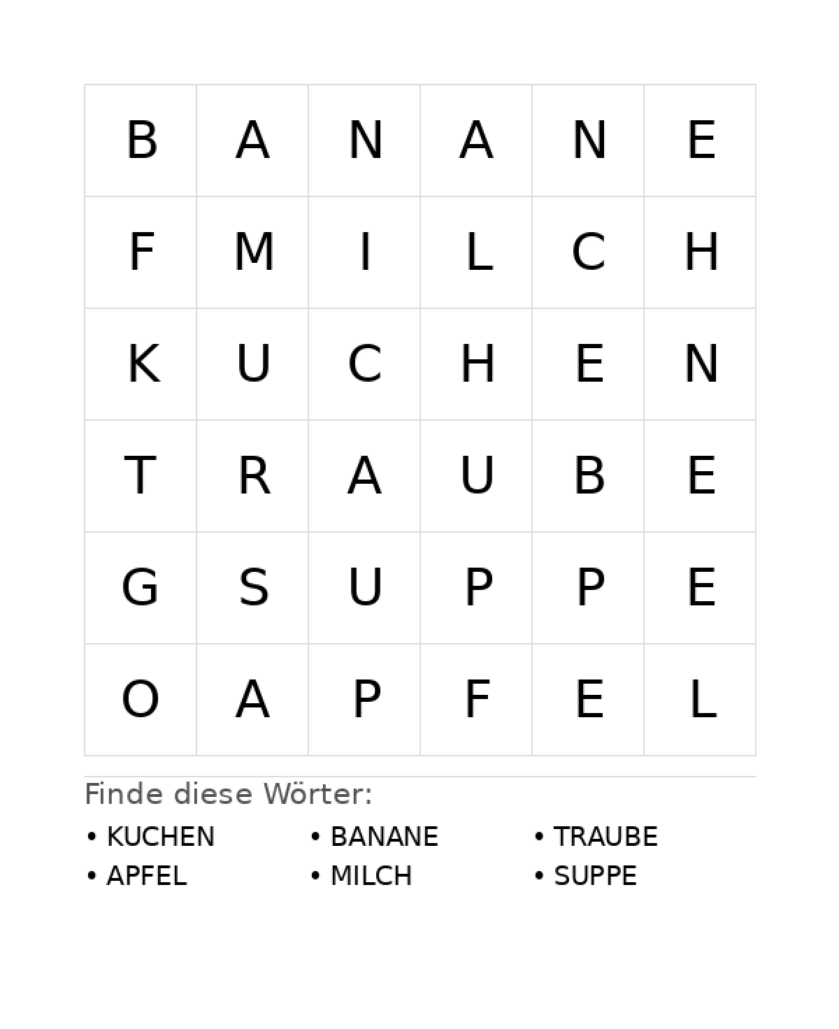 Wortsuchrätsel Wortsuchrätsel: Essen für Vorschule aus der Kategorie Wortsuchrätsel - kostenlos ausdrucken
