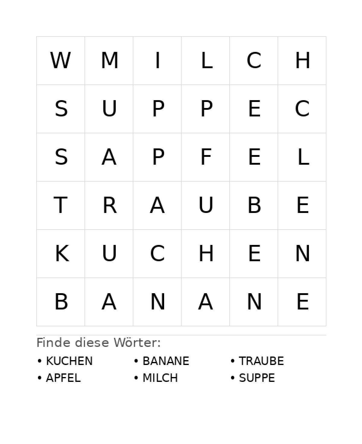 Wortsuchrätsel Wortsuchrätsel: Essen für Vorschule aus der Kategorie Wortsuchrätsel - kostenlos ausdrucken