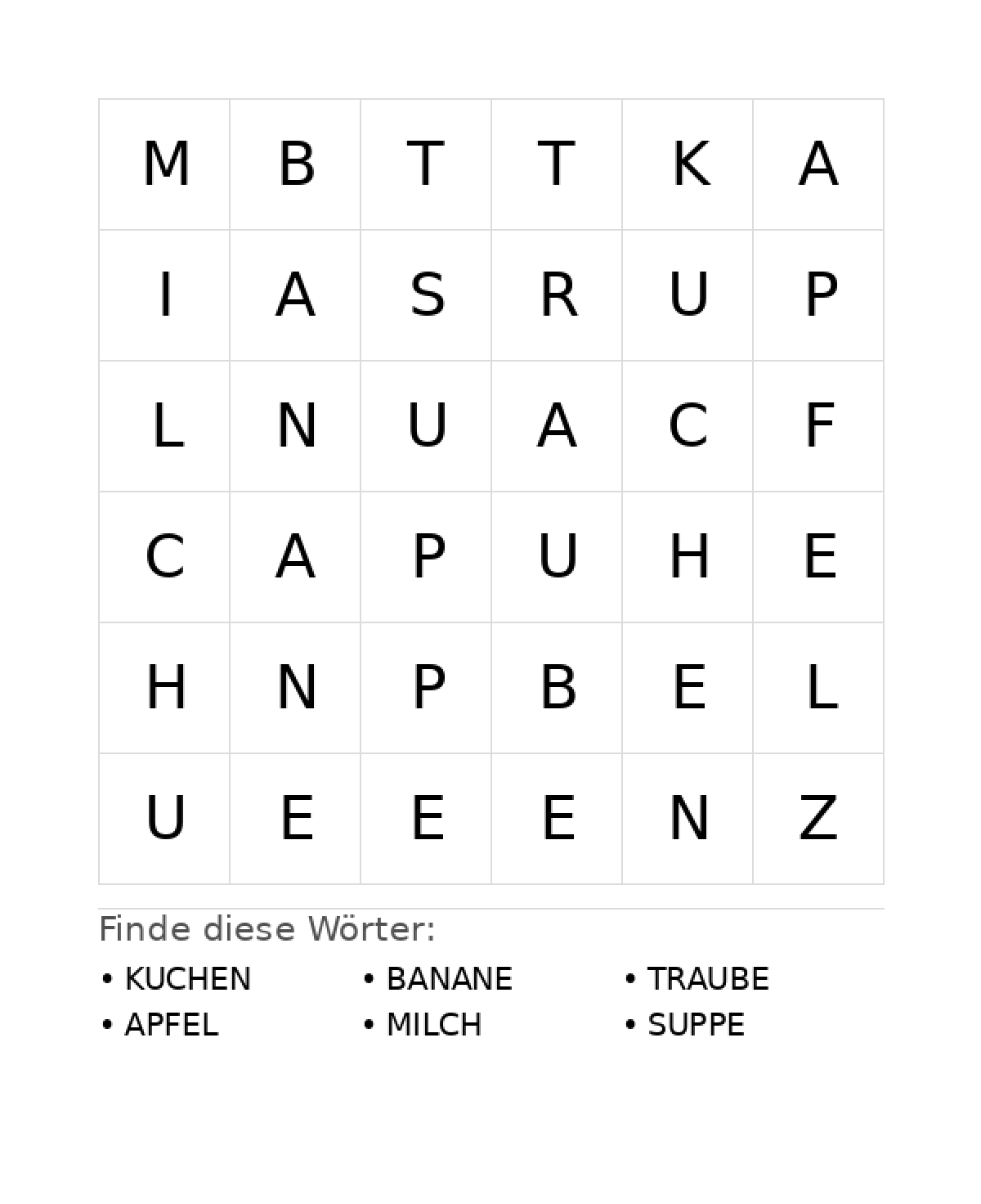 Wortsuchrätsel Wortsuchrätsel: Essen für Vorschule aus der Kategorie Wortsuchrätsel - kostenlos ausdrucken