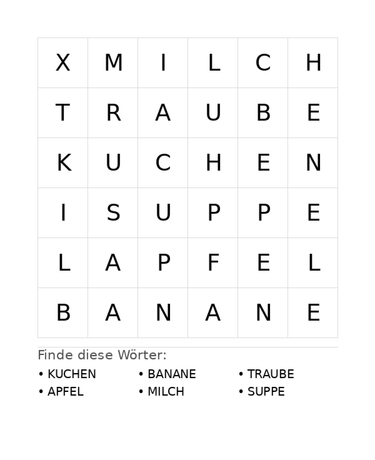 Wortsuchrätsel Wortsuchrätsel: Essen für Vorschule aus der Kategorie Wortsuchrätsel - kostenlos ausdrucken