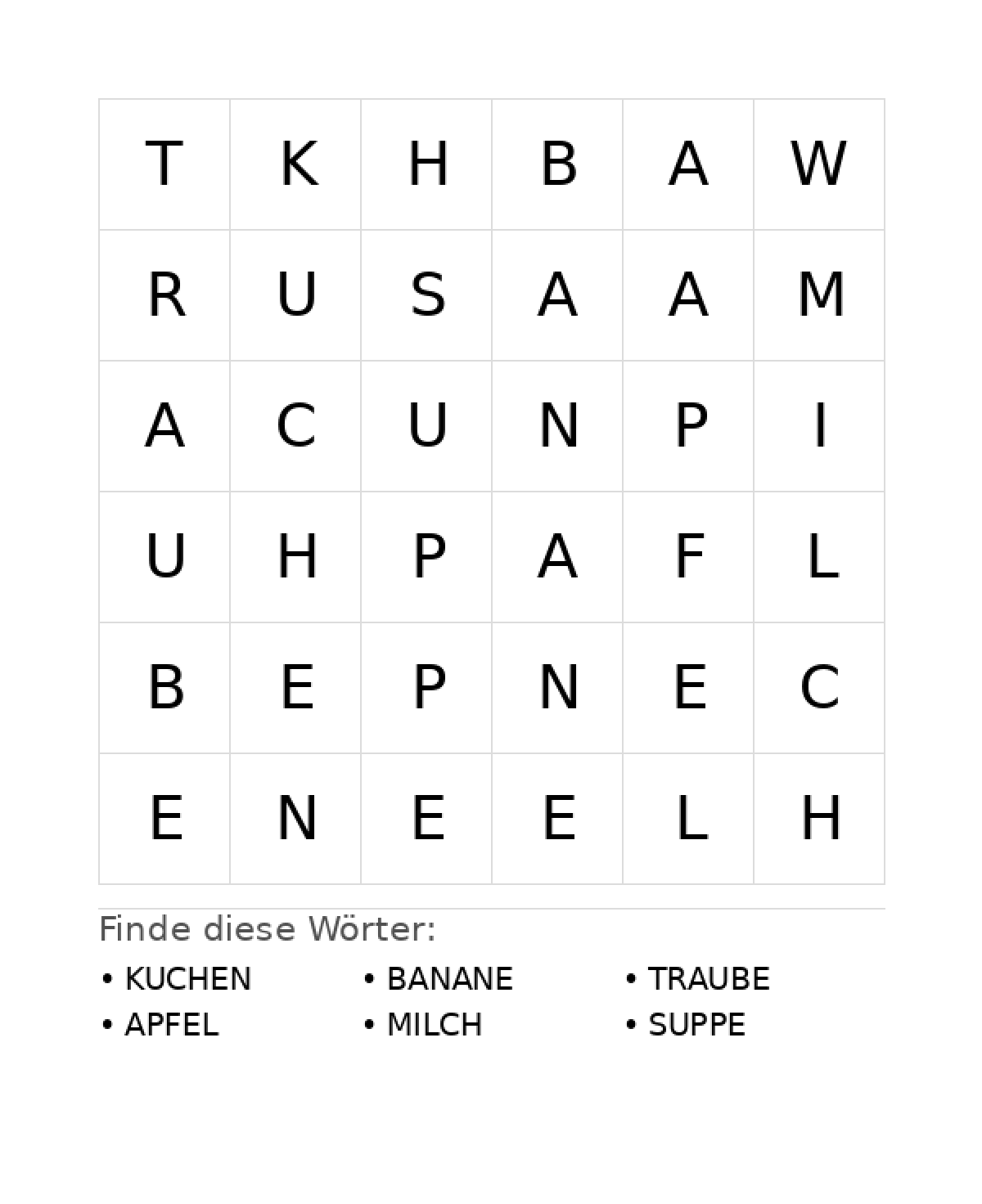 Wortsuchrätsel Wortsuchrätsel: Essen für Vorschule aus der Kategorie Wortsuchrätsel - kostenlos ausdrucken