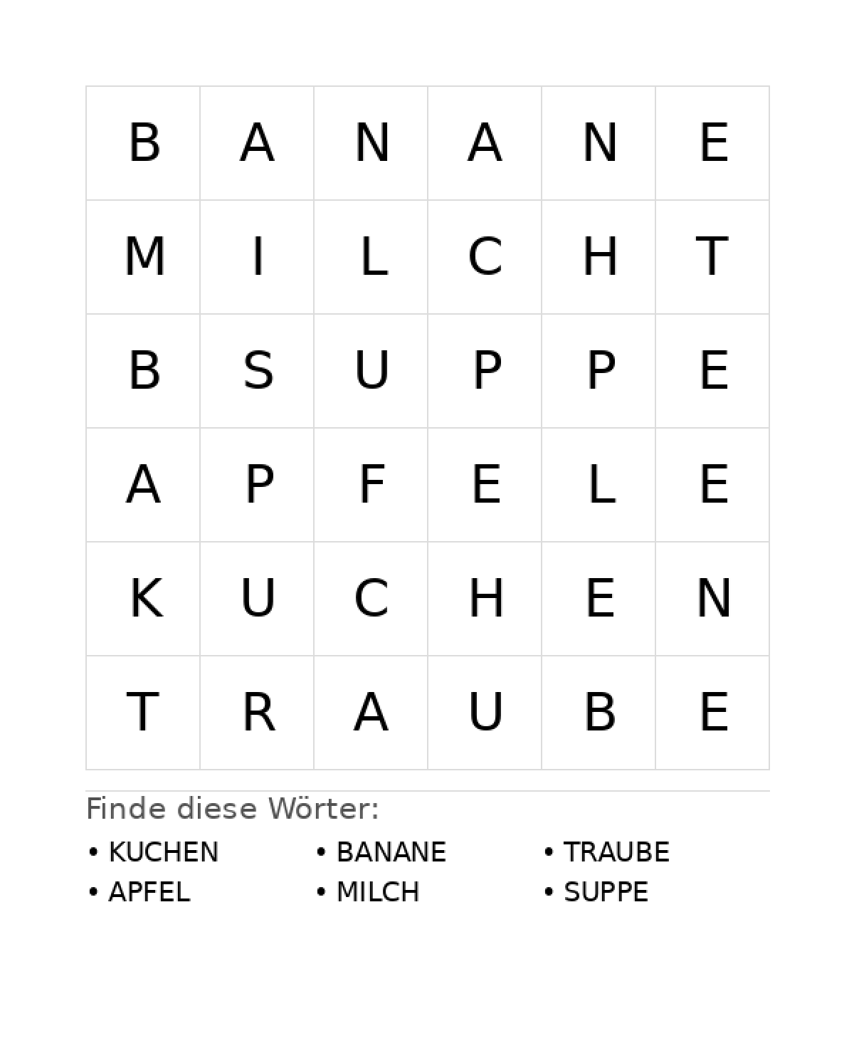 Wortsuchrätsel Wortsuchrätsel: Essen für Vorschule aus der Kategorie Wortsuchrätsel - kostenlos ausdrucken