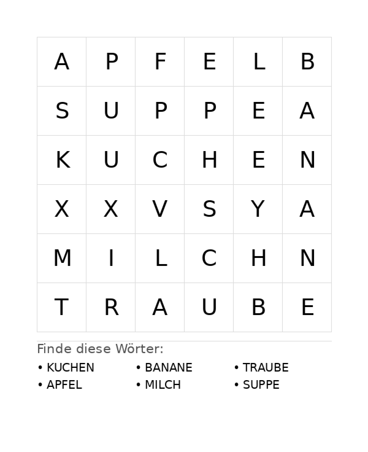 Wortsuchrätsel Wortsuchrätsel: Essen für Vorschule aus der Kategorie Wortsuchrätsel - kostenlos ausdrucken