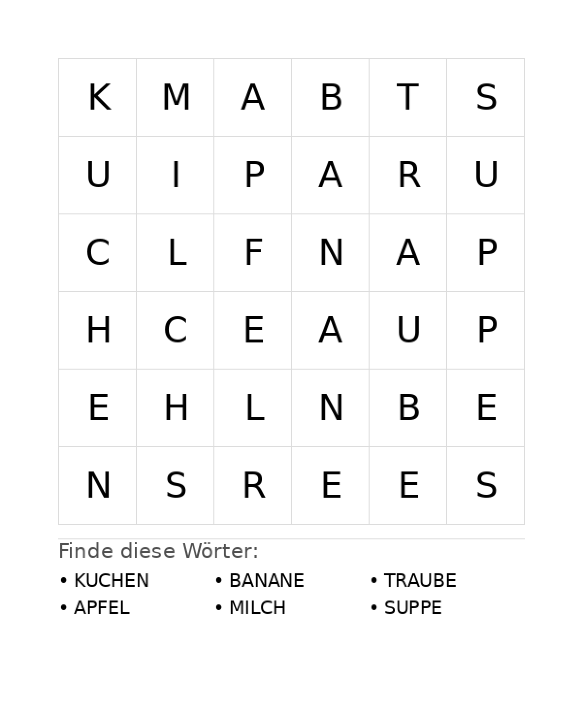 Wortsuchrätsel Wortsuchrätsel: Essen für Vorschule aus der Kategorie Wortsuchrätsel - kostenlos ausdrucken