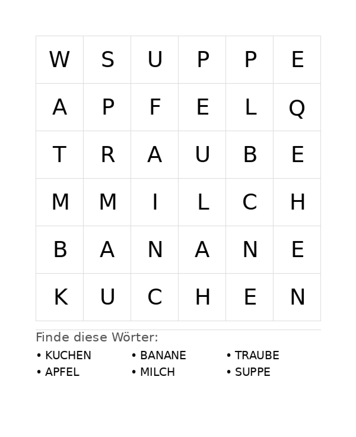 Wortsuchrätsel Wortsuchrätsel: Essen für Vorschule aus der Kategorie Wortsuchrätsel - kostenlos ausdrucken